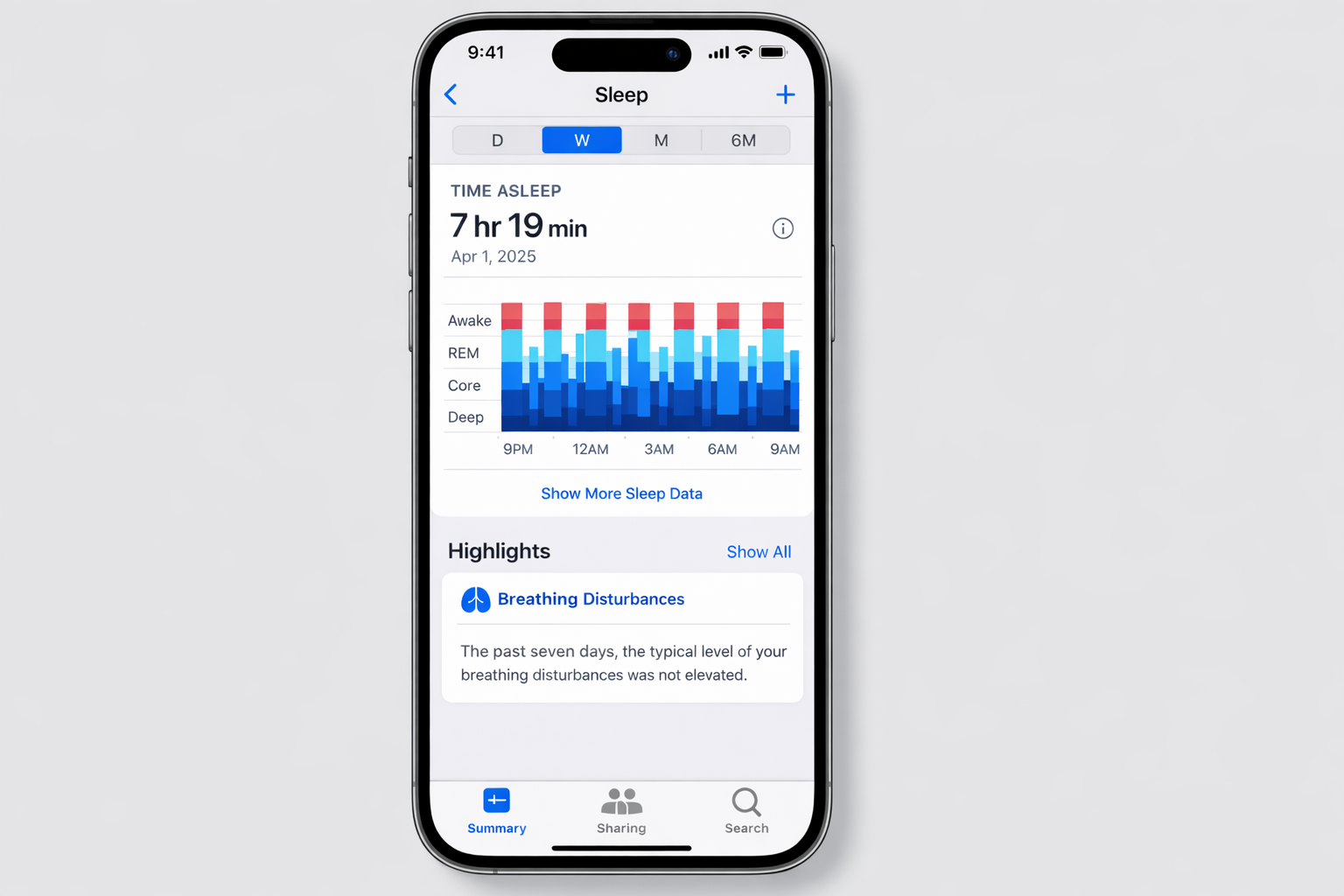 iOS Health app showing the Sleep section with sleep stages graph (Awake, REM, Core, Deep), weekly average, and Sleep Focus schedule highlighted
