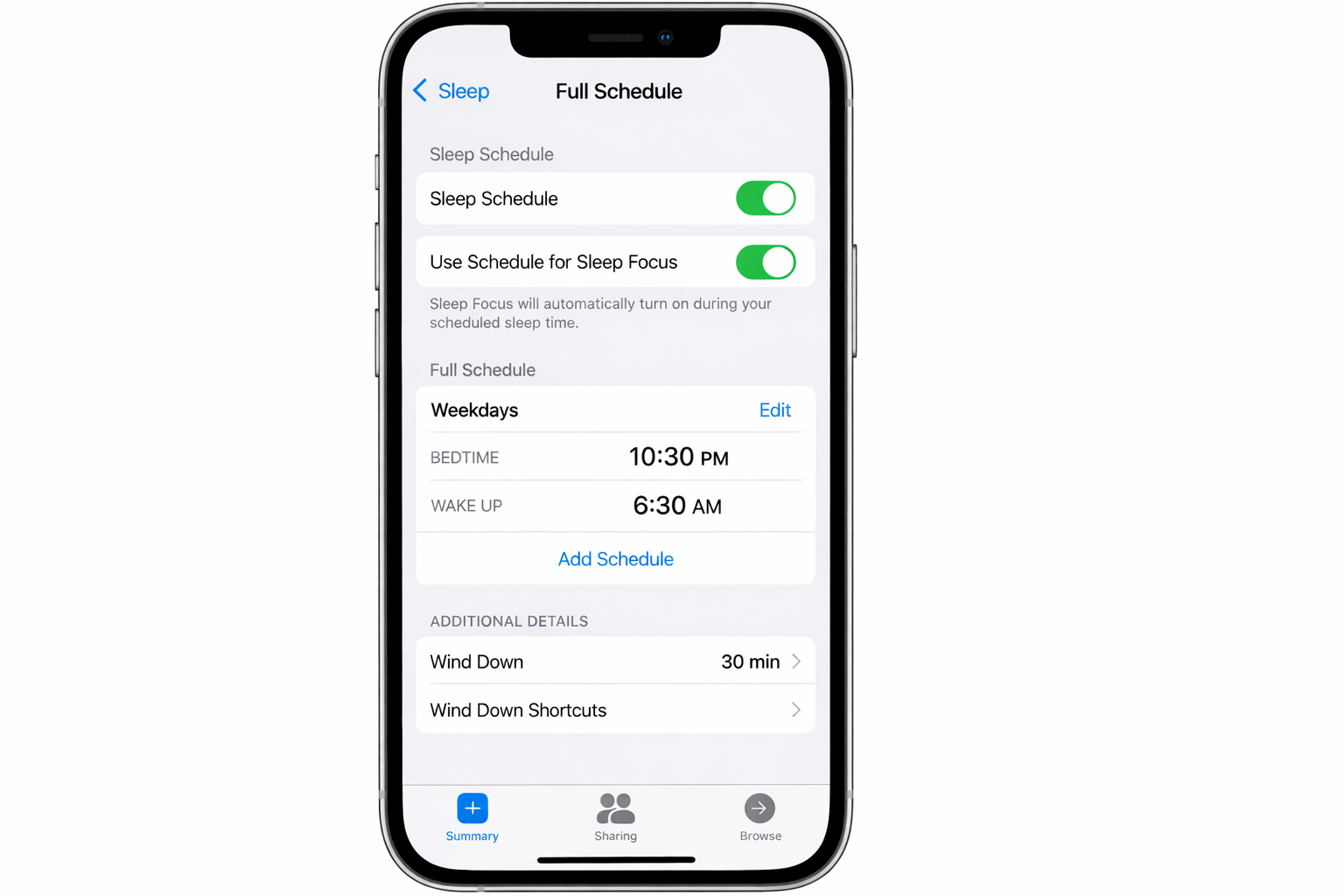 iOS Clock app > Sleep tab showing sleep schedule with wind-down time, wake-up time, Sleep Focus toggle enabled, and next alarm displayed