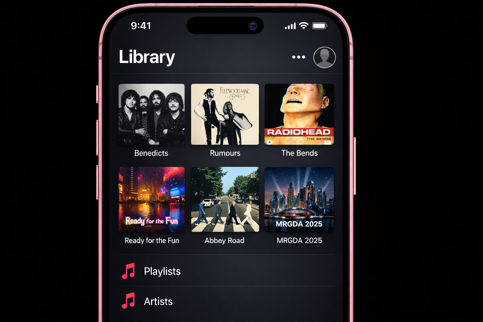 Apple Music app home screen on iOS 26 showing personalized recommendations, AutoMix badge, and pinned items at the top of the library
