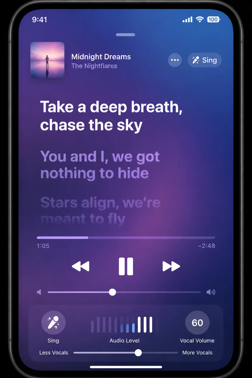 Apple Music Sing mode active on an iPhone: karaoke-style interface with real-time scrolling song lyrics displayed prominently in the center of the screen, a microphone icon and audio level indicator at the bottom, and a vocal-volume slider control.