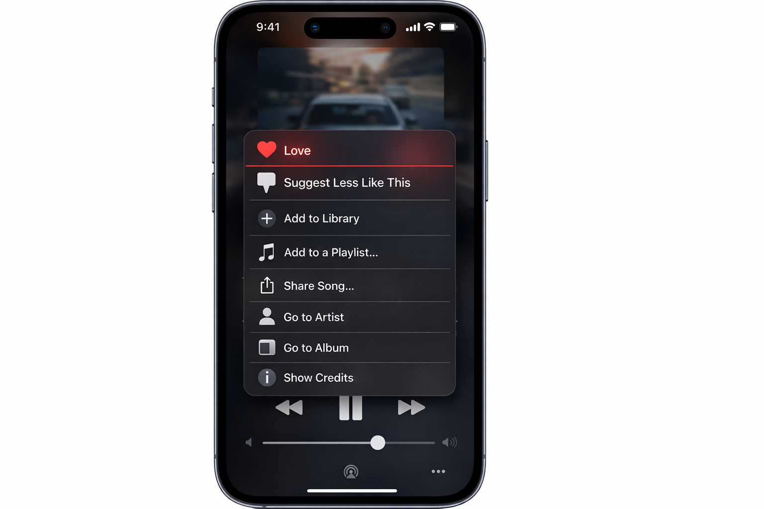 Apple Music Now Playing screen with the three-dot menu open, showing the Love and Suggest Less Like This options highlighted in the context menu