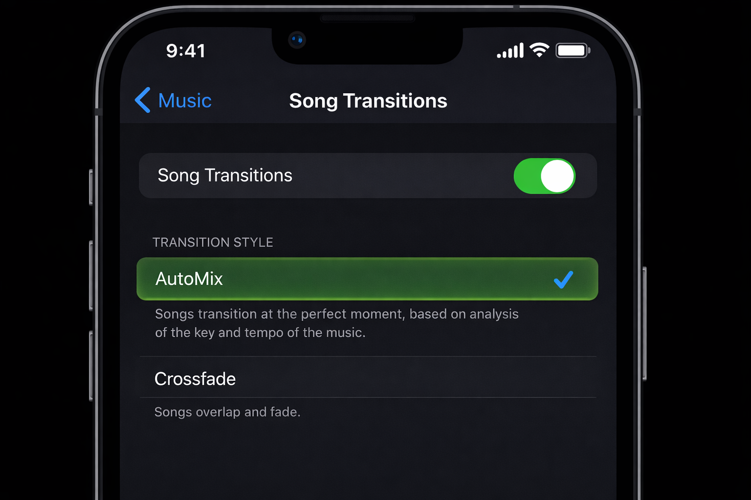 iOS Settings app > Music with the AutoMix toggle highlighted and switched on