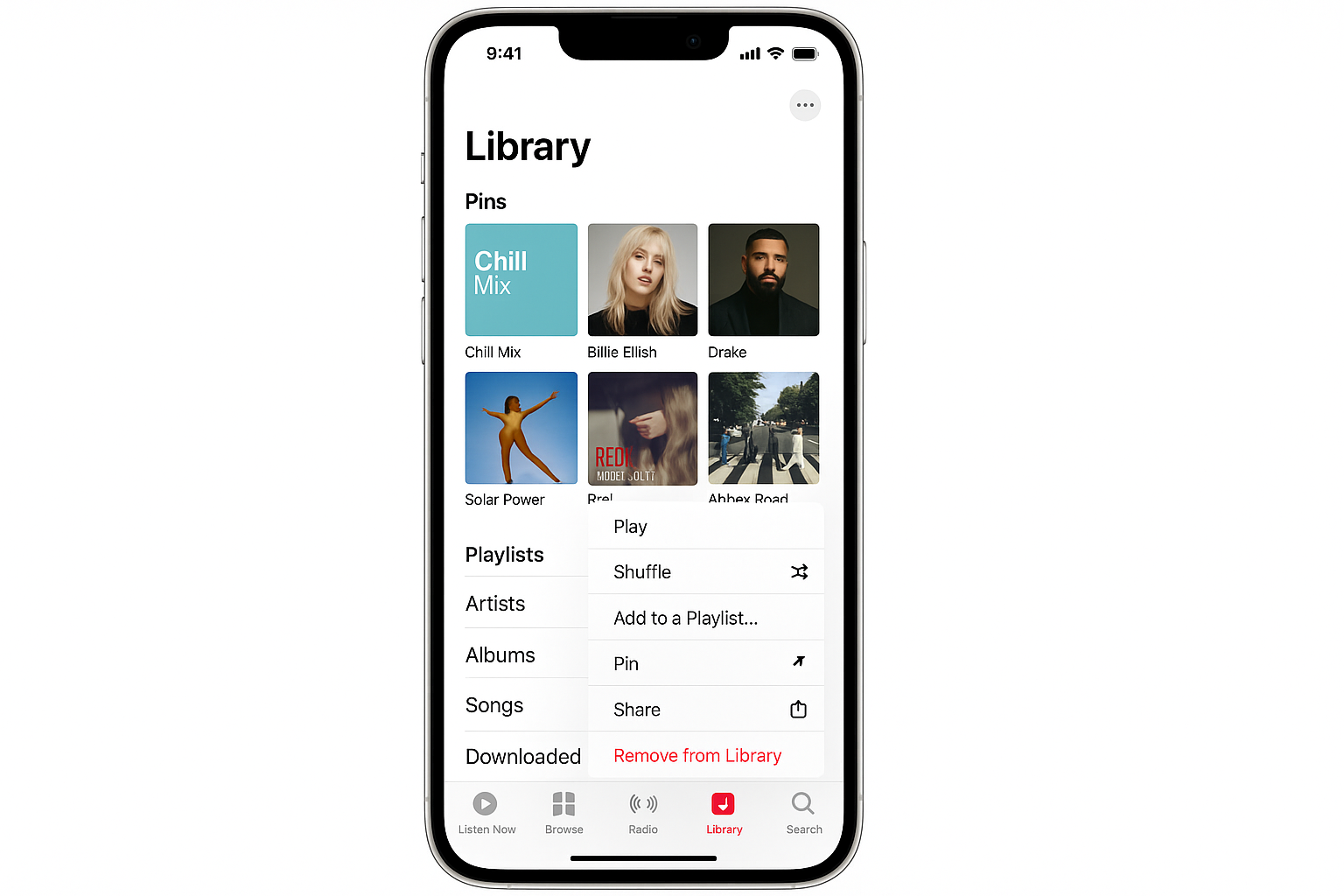 Apple Music Library tab with six pinned items visible at the top , including a playlist, two artists, and songs , with one item showing a long-press context menu with the Pin option highlighted