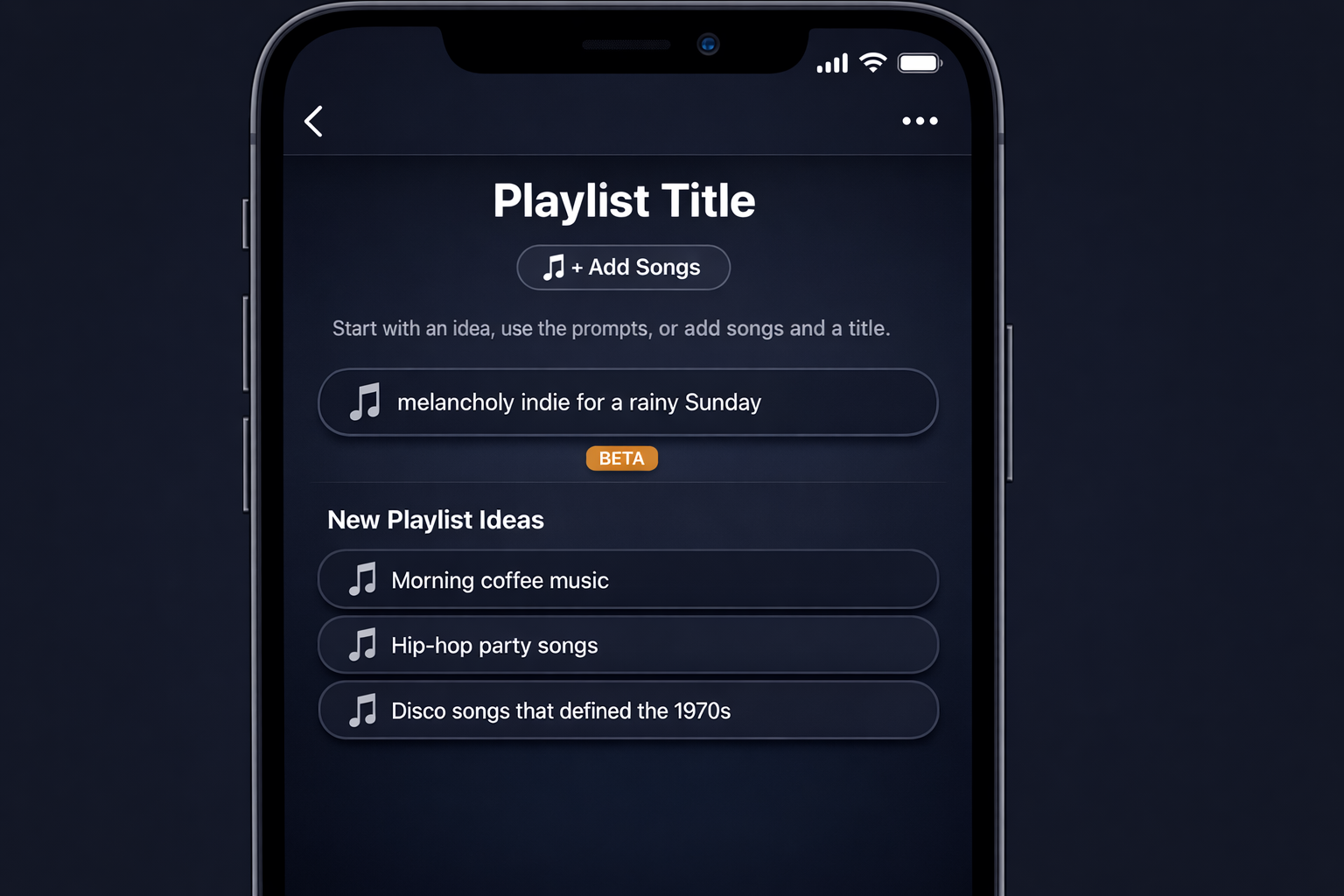Apple Music Search tab with Playlist Playground interface open, showing a text field with the prompt "melancholy indie for a rainy Sunday" and a generated playlist result below it