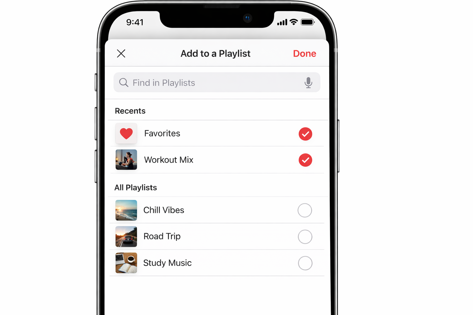 Apple Music Add to Playlist sheet showing multiple playlists with checkboxes, with two playlists checked and a Done button visible at the top right