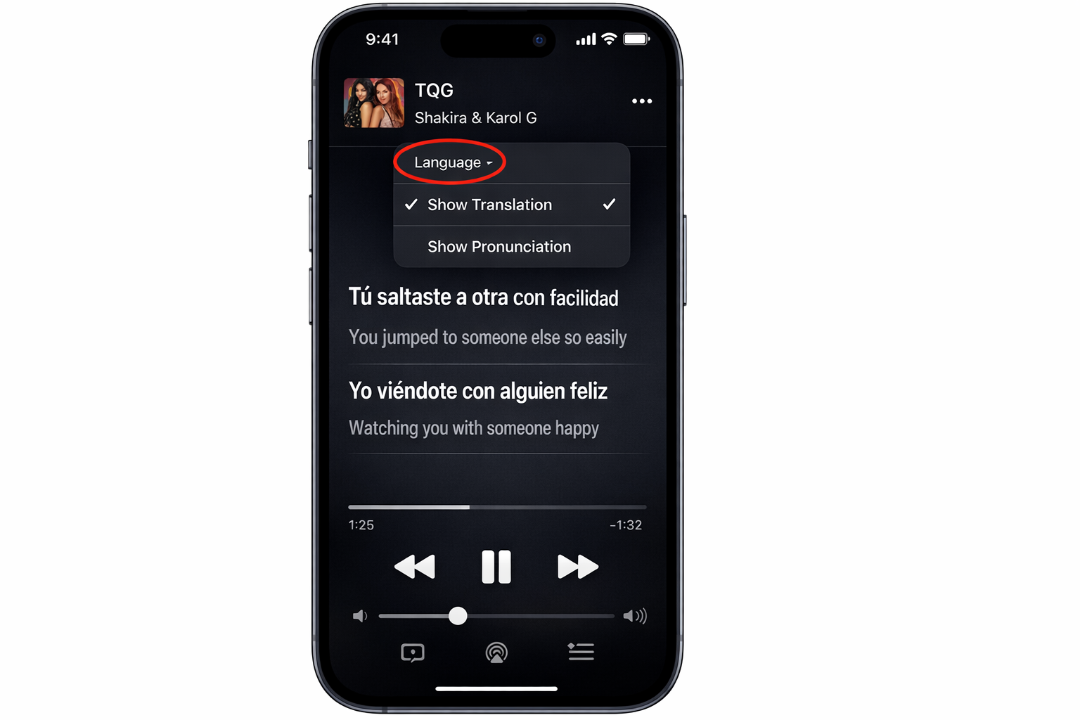 Apple Music Now Playing screen with lyrics view open, showing original Spanish lyrics alongside English translation with the language toggle highlighted at the top