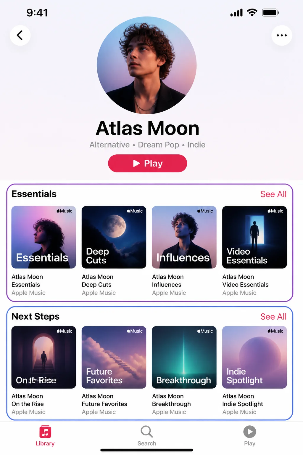 Apple Music app artist page UI mockup for a generic fictional music artist (no real celebrity name or likeness), scrolled to show Essentials and Next Steps playlist tiles, both highlighted with a colored outline.