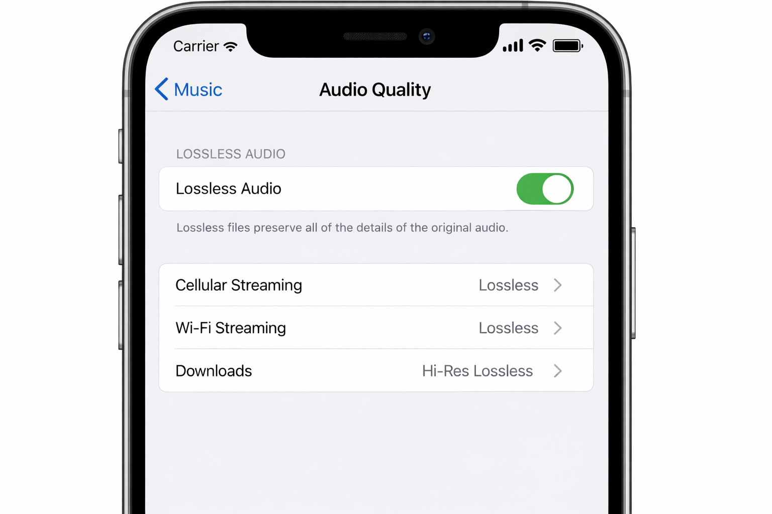 iOS Settings app > Music > Audio Quality showing Lossless Audio toggled on, with Wi-Fi Streaming set to Lossless and Dolby Atmos set to Always On