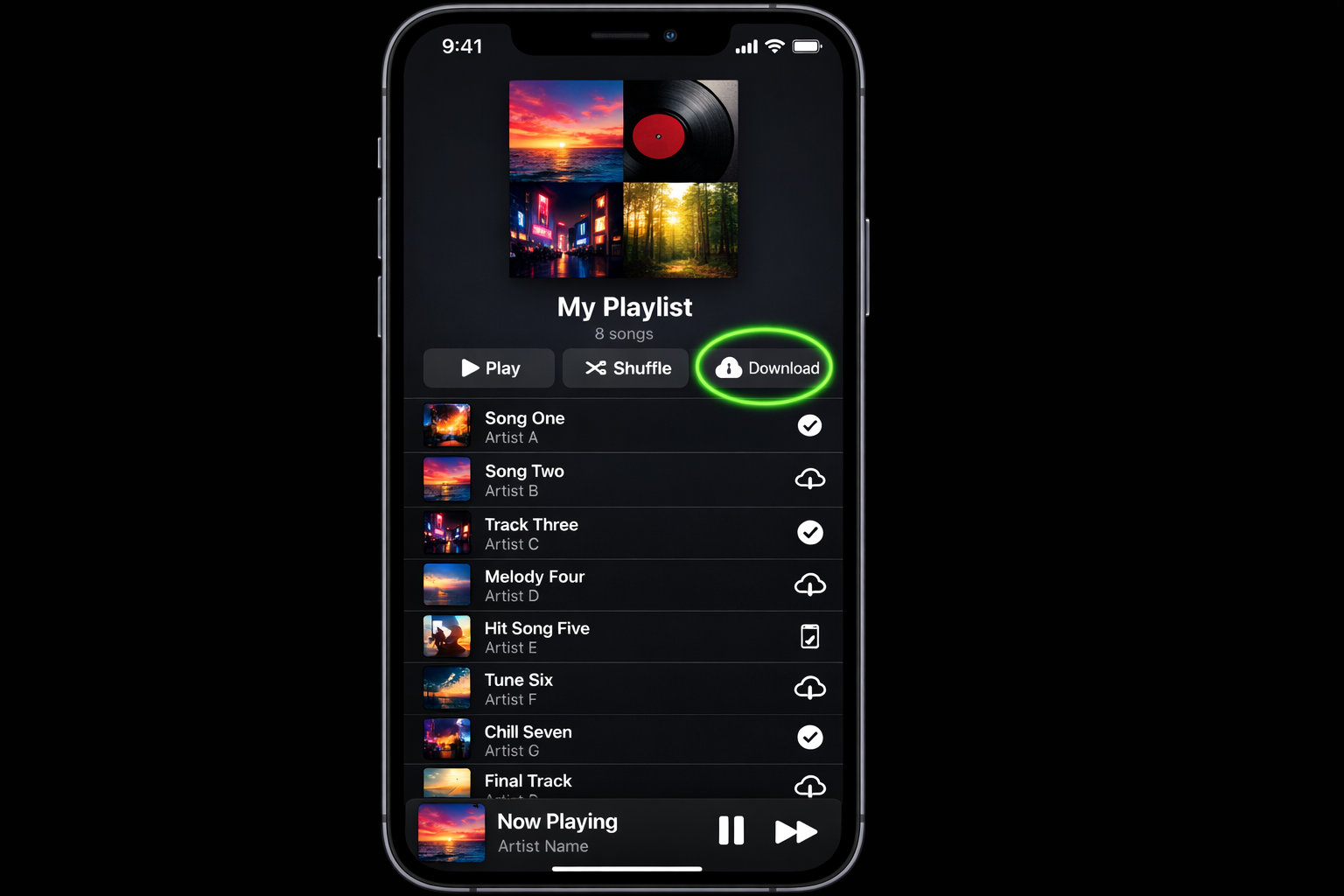 Apple Music playlist view with the Download button (cloud with arrow) highlighted at the top of the playlist, showing a mix of downloaded and not-yet-downloaded tracks