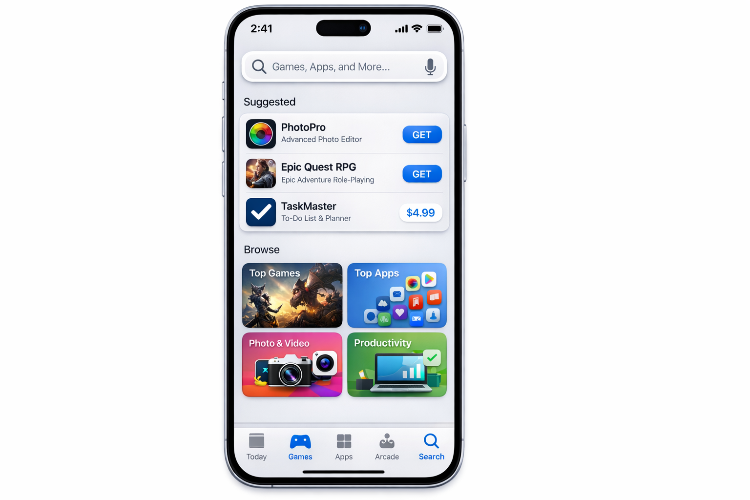 App Store home tab on iOS 26 showing featured games section, with the search bar visible at the top