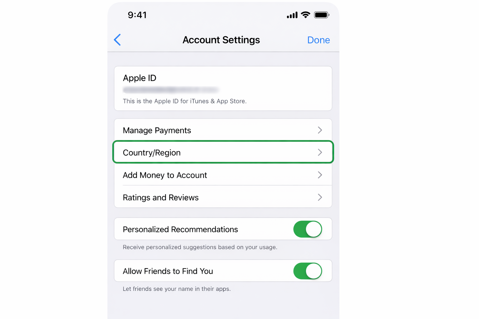 iOS Settings app > Apple ID > Media & Purchases > View Account with the Country/Region row highlighted