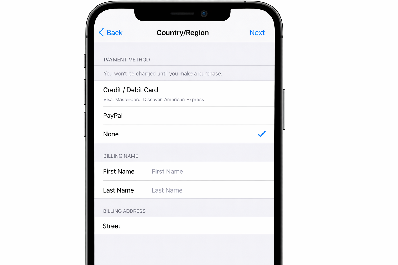 iOS Settings app showing the Change Country or Region screen with a list of countries and a payment method field visible