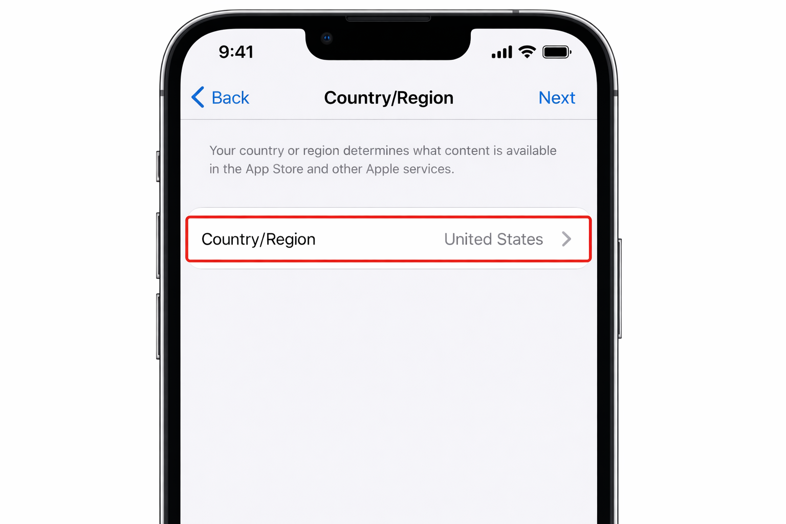 iOS Settings app showing the Create Apple ID screen with the Country/Region field highlighted during account setup