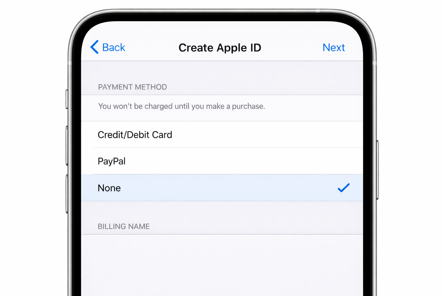 iOS Settings app showing the Apple ID payment method screen with None selected during new account creation