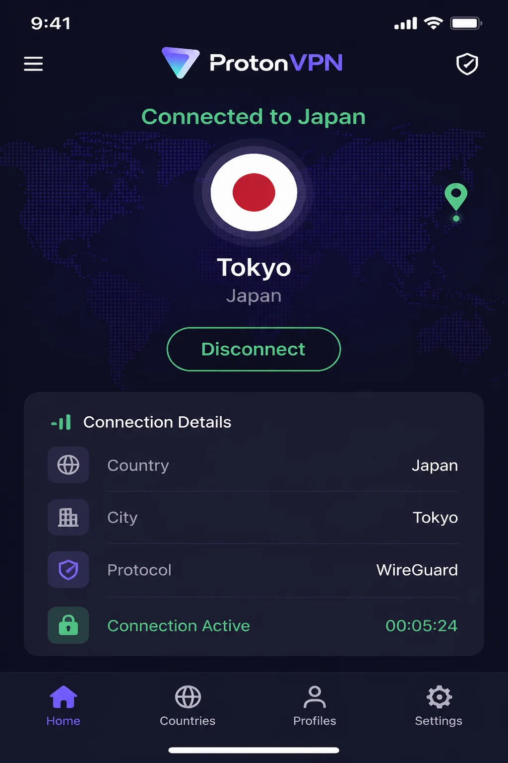 platform=ios; view=app; app=protonvpn; description=ProtonVPN app on iOS connected to a Japan server (Tokyo), showing connection details: Country Japan, City Tokyo, protocol WireGuard, connection active. Do not show United Kingdom, UK, or any UK city anywhere.