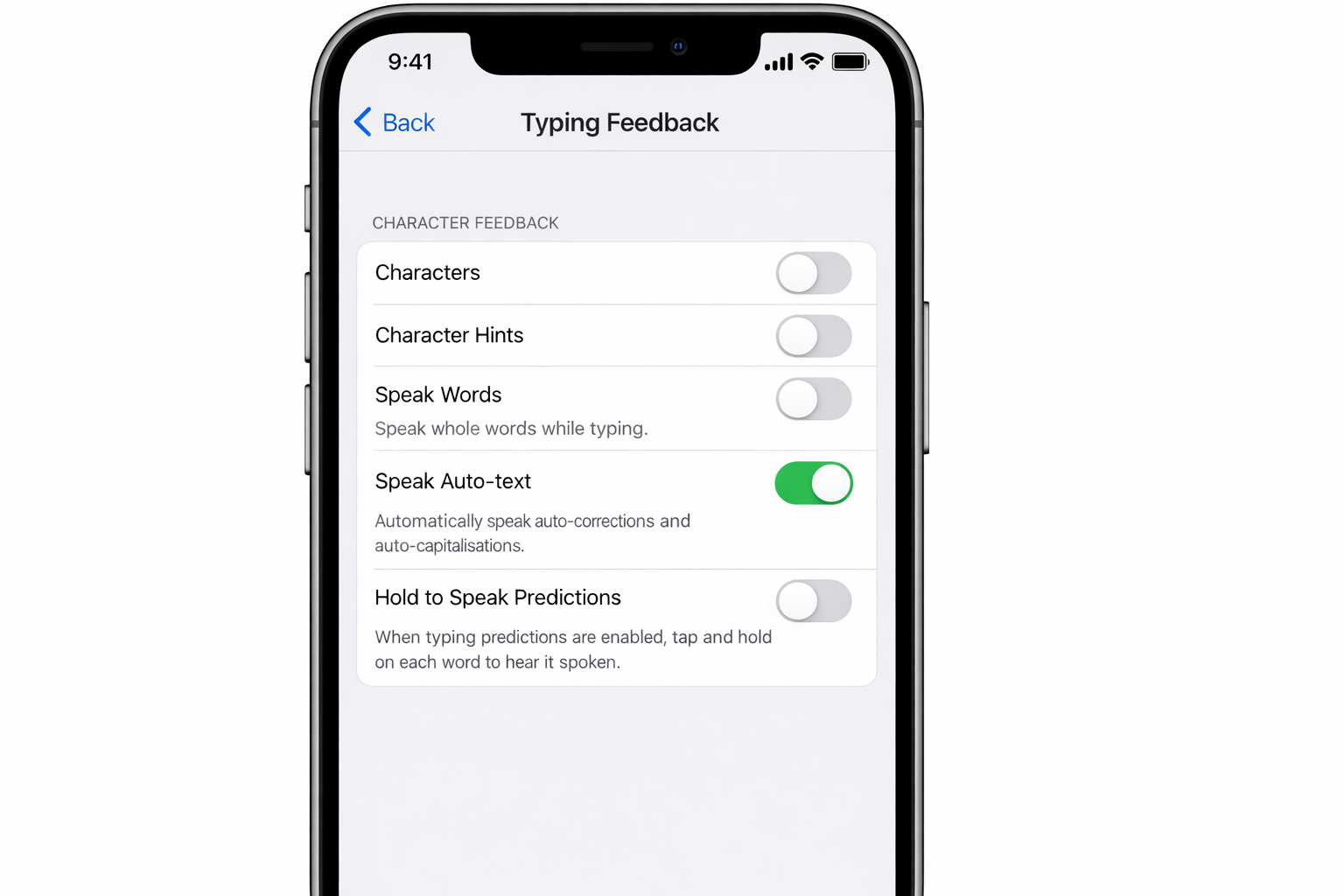 iOS Typing Feedback settings screen showing Character, Character Hints, Words, and Auto-text toggles