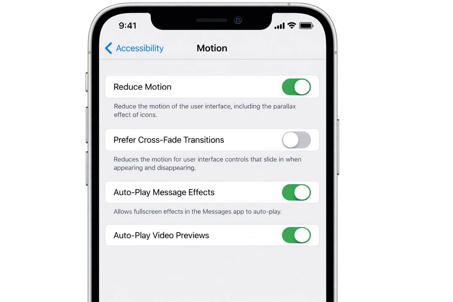 iOS Settings > Accessibility > Motion with Reduce Motion toggled on and Prefer Cross-Fade Transitions visible below it