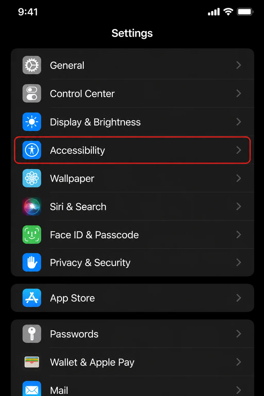 Current iOS 26 Settings app main list (dark mode), with the Accessibility row highlighted with a red outline directly in the top-level list alongside General, Control Center, Display & Brightness, Wallpaper, Siri & Search, Face ID & Passcode, Privacy & Security, App Store, Passwords, Wallet & Apple Pay, Mail - using current iOS naming, not older iTunes & App Store or Passwords & Accounts labels.