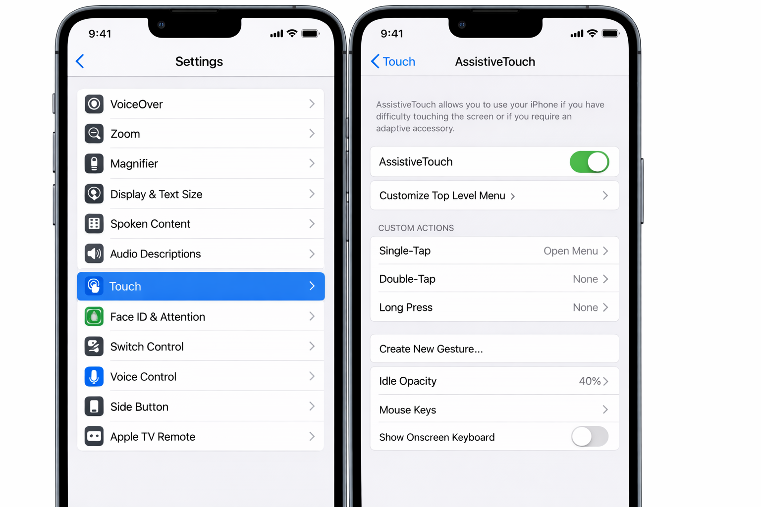 iOS Settings > Accessibility > Touch > AssistiveTouch with the AssistiveTouch toggle switched on