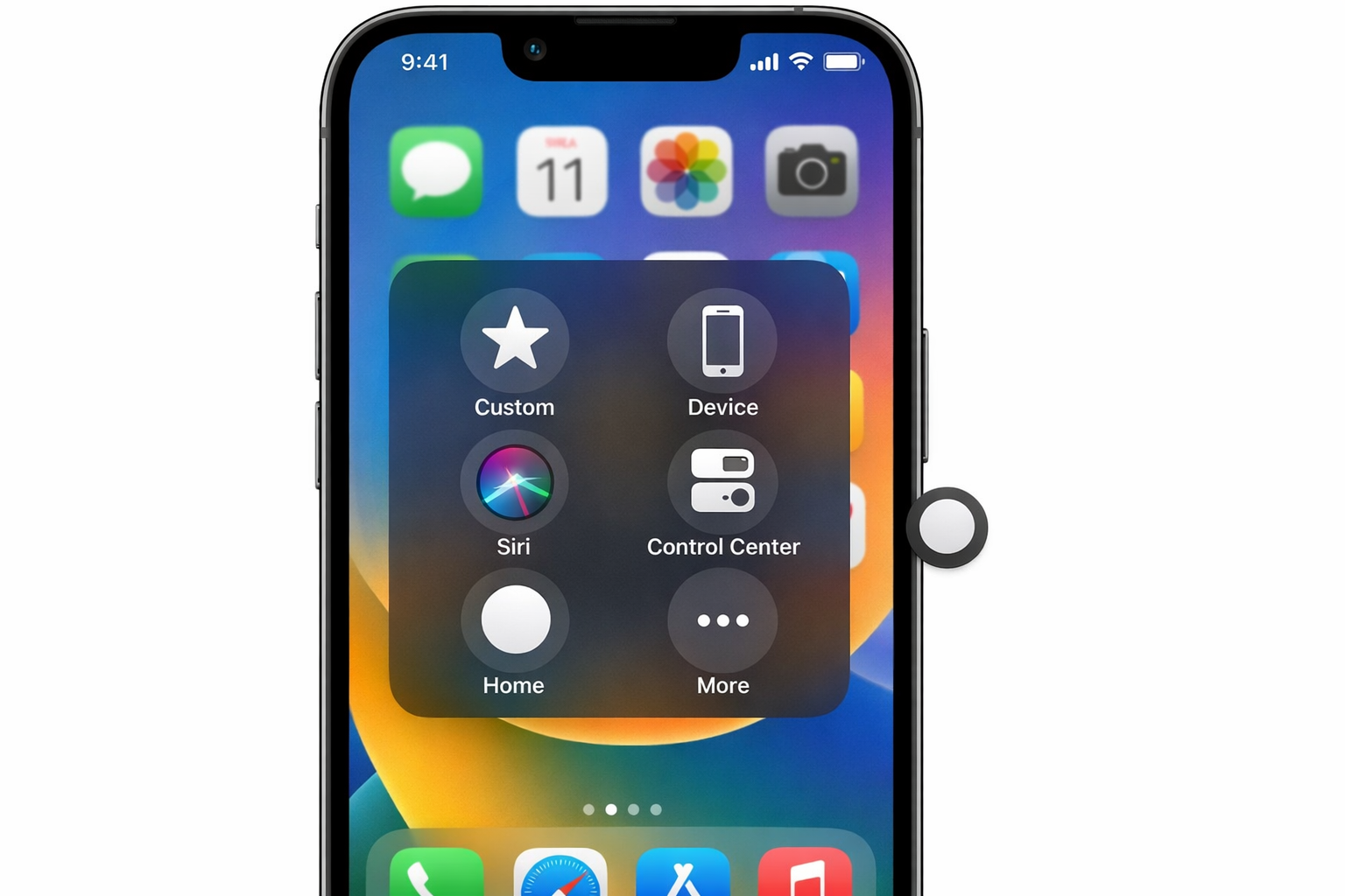 AssistiveTouch main menu open on iOS 26, showing Device, Control Center, Home, and Custom options