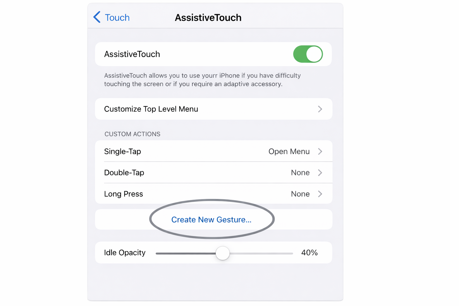 iOS Settings > Accessibility > Touch > AssistiveTouch settings page with Create New Gesture button highlighted at the bottom