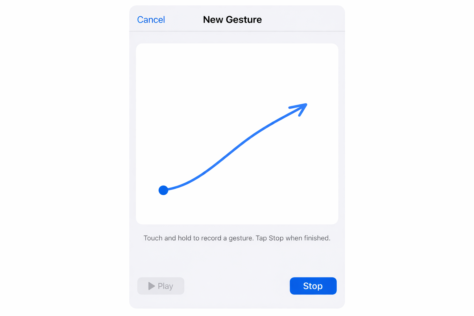 AssistiveTouch gesture recording screen on iOS 26 with a swipe gesture being recorded and the Stop button visible at the bottom right