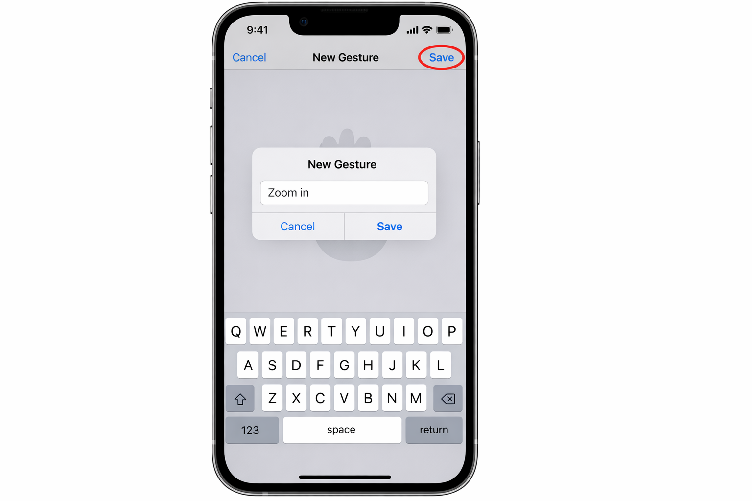 AssistiveTouch Save Gesture screen with the Save button highlighted in the top right corner