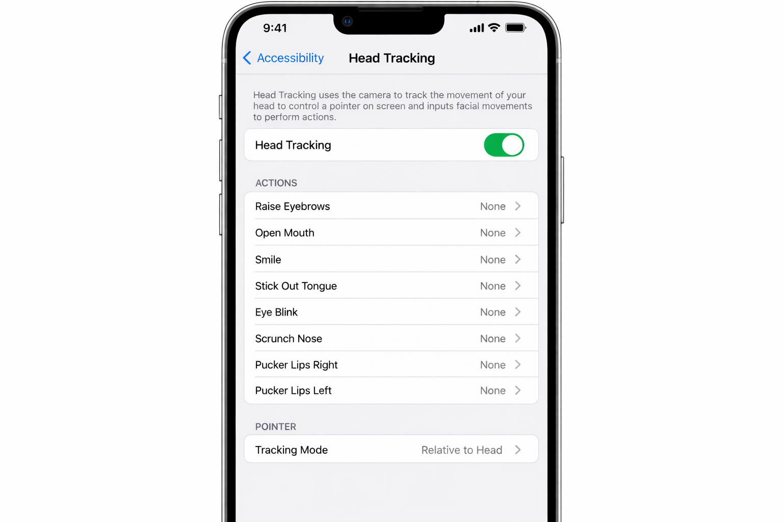 iOS Settings > Accessibility > Head Tracking with the toggle switched on and facial gesture assignments visible below