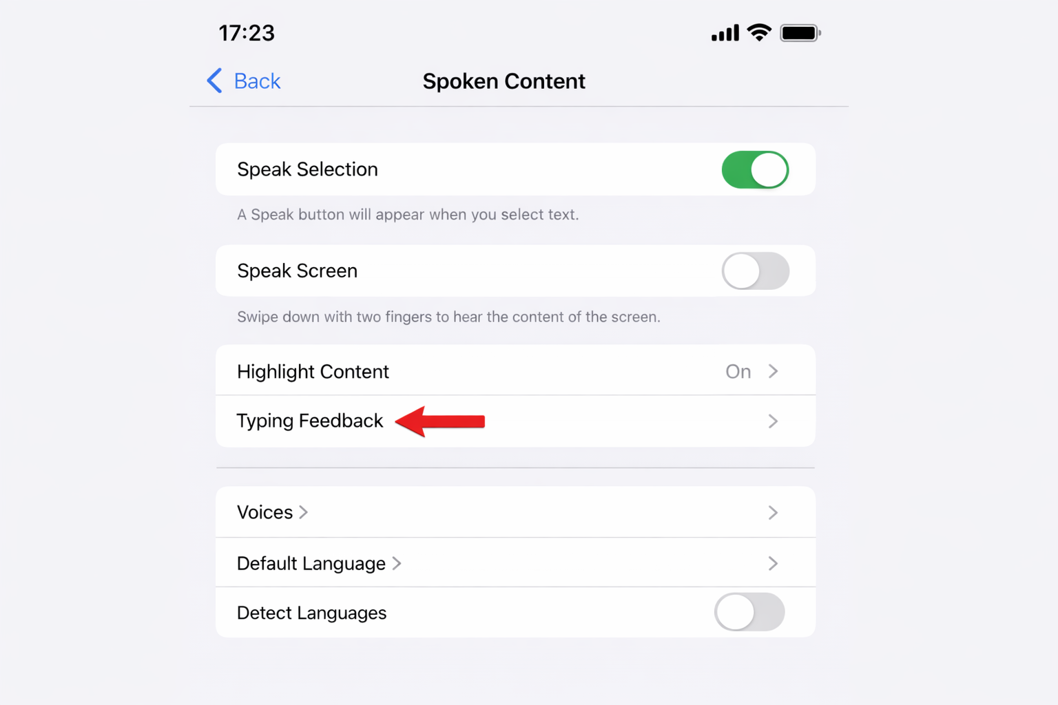 iOS Settings > Accessibility > Spoken Content with Typing Feedback row highlighted