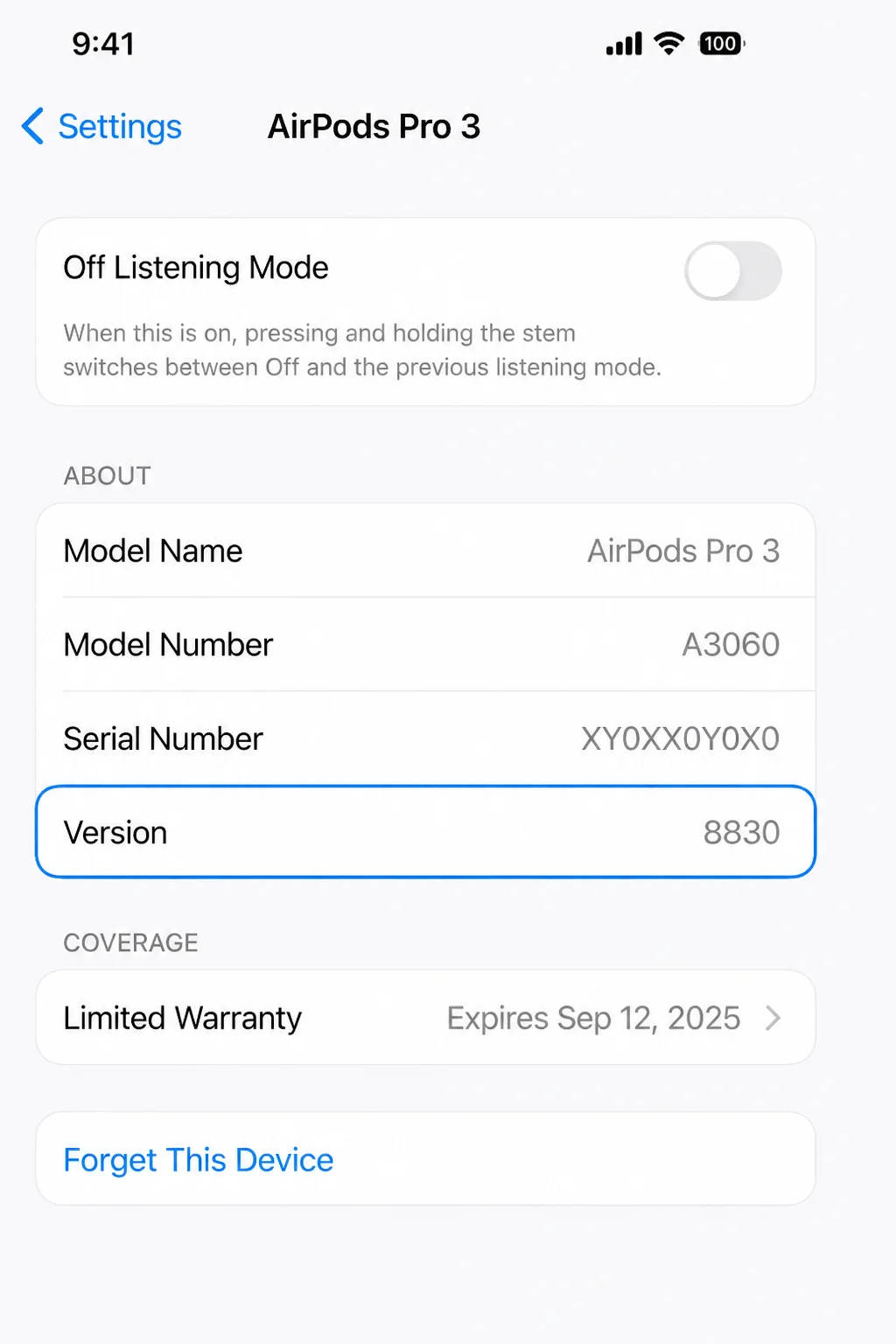 iPhone AirPods information or About panel showing the installed firmware version field
