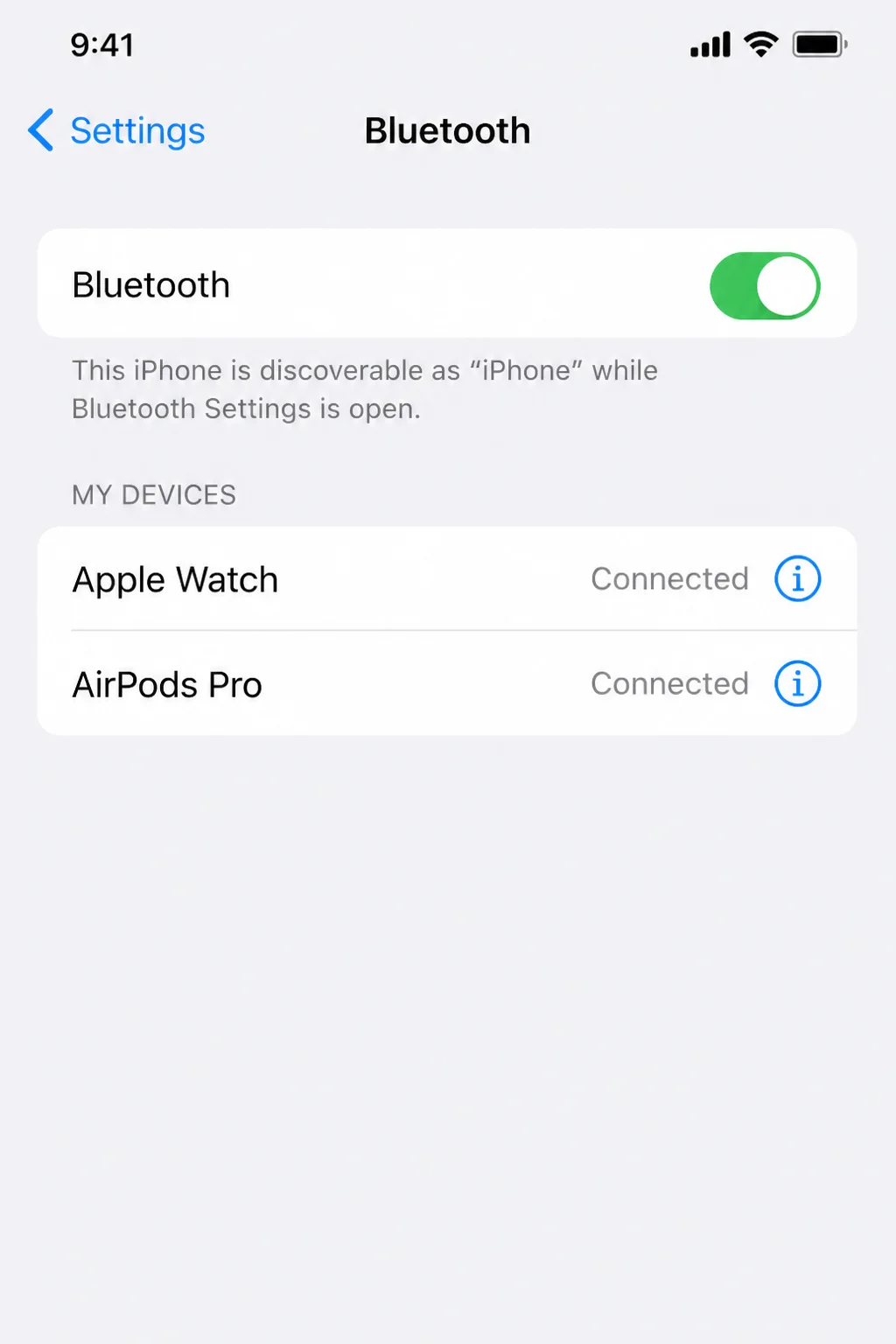 iPhone Bluetooth settings list showing a connected AirPods entry and its information button