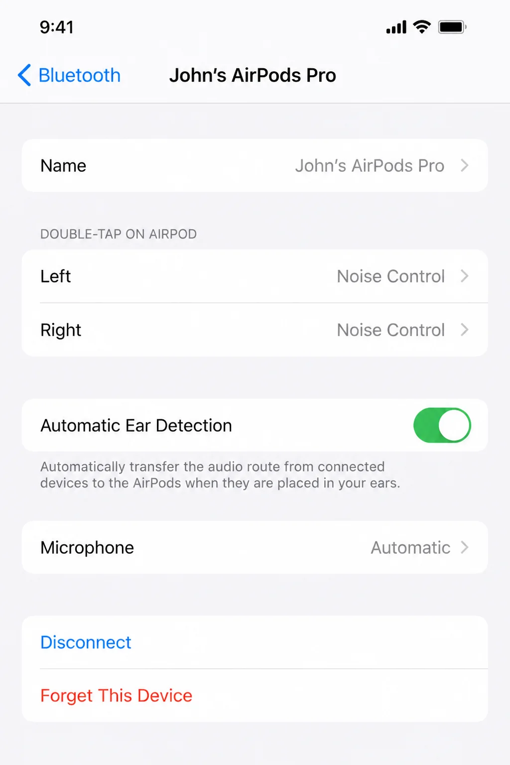 iPhone AirPods Bluetooth device information panel showing the left and right control assignment options