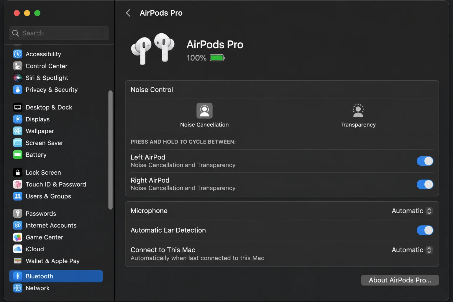 macOS System Settings Bluetooth details panel for connected AirPods showing available control assignments
