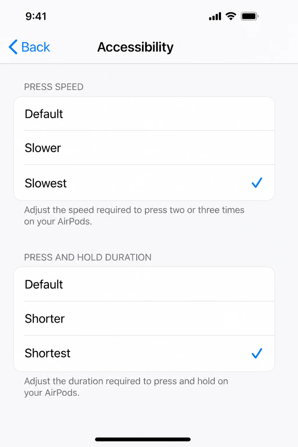 iPhone Accessibility AirPods panel showing Press Speed and Press and Hold Duration options