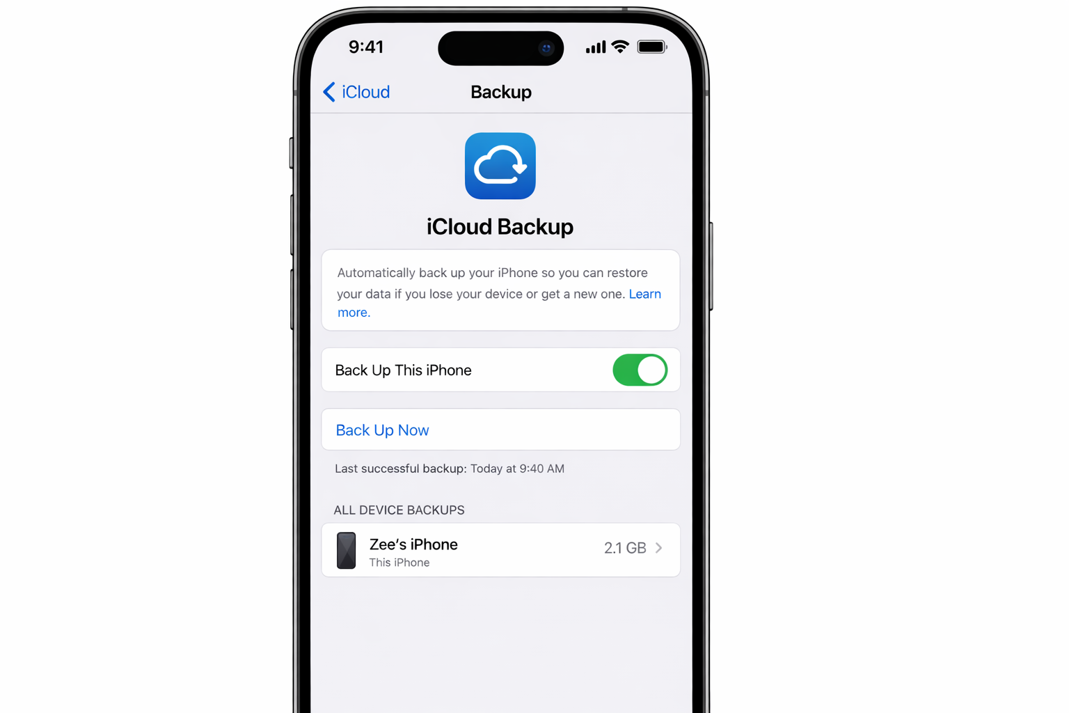 iOS Settings app > Apple ID > iCloud > iCloud Backup with the iCloud Backup toggle turned on and the Last Backup timestamp visible