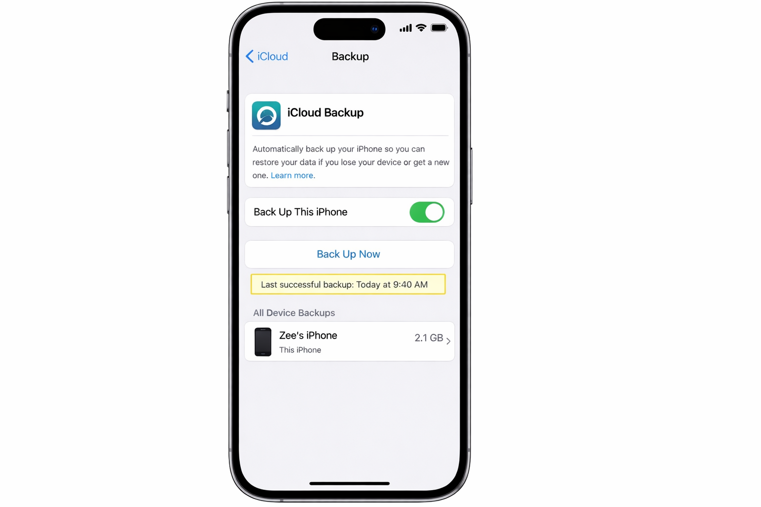 iOS Settings app > Apple ID > iCloud > iCloud Backup with Back Up This iPhone toggled on and a recent Last Successful Backup timestamp highlighted