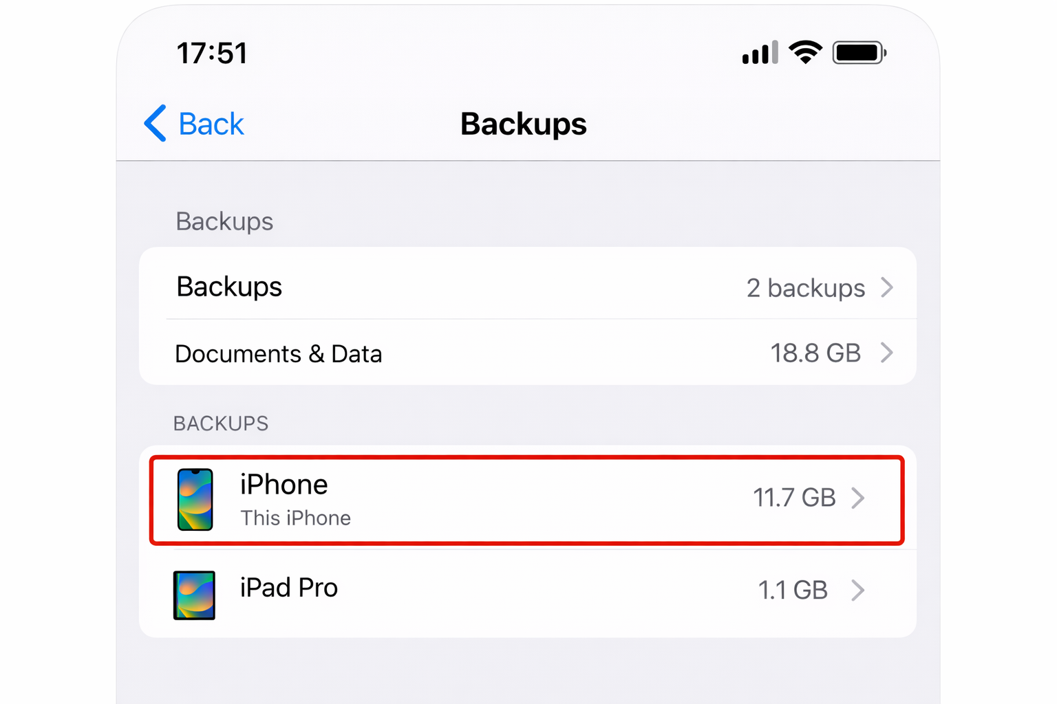 iOS Settings app > Apple ID > iCloud > Manage Account Storage showing storage usage breakdown with iCloud Backup highlighted