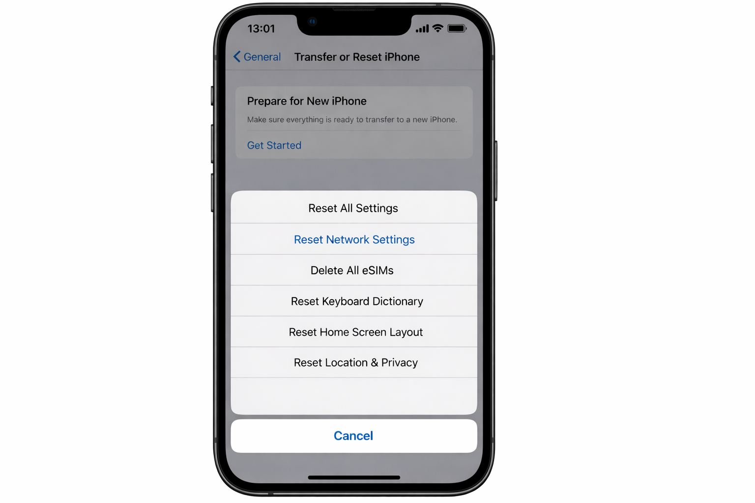 iOS Settings app > General > Transfer or Reset iPhone > Reset menu with Reset Network Settings option highlighted