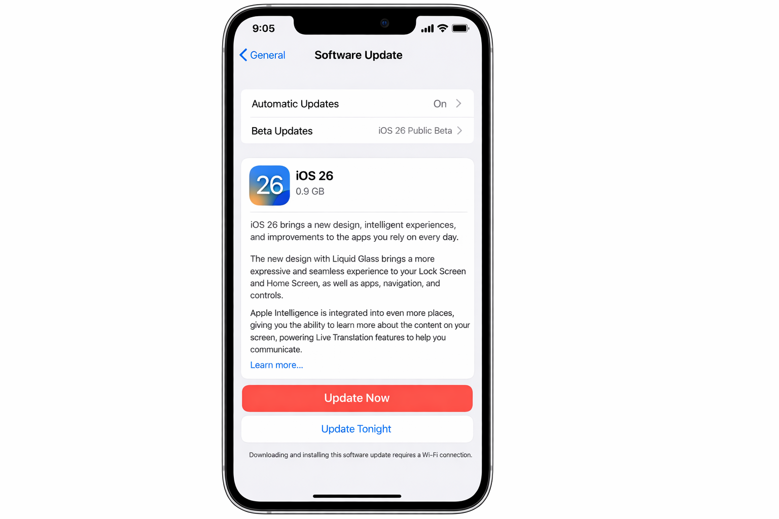 iOS Settings app > General > Software Update showing the latest iOS 26 update available with the Update Now button visible