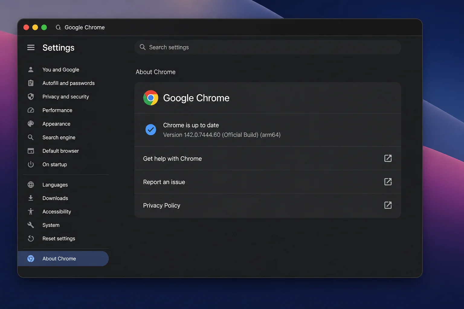 Chrome's About page at chrome://settings/help showing the current version number and an update status message