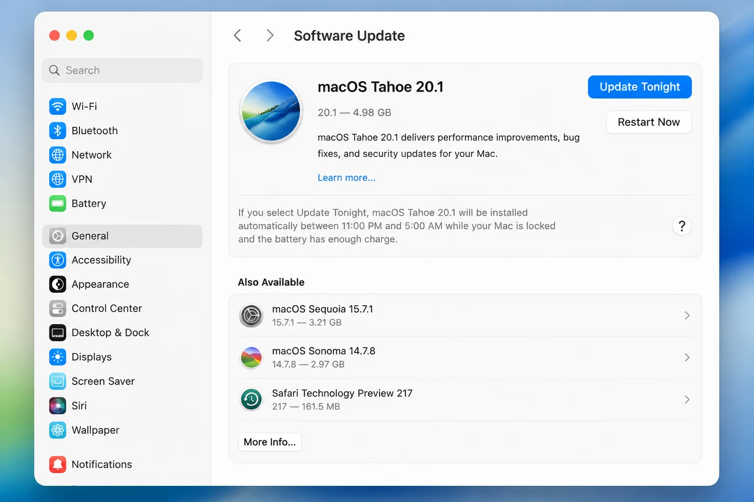 macOS System Settings General Software Update panel showing available update status and the Update Now button