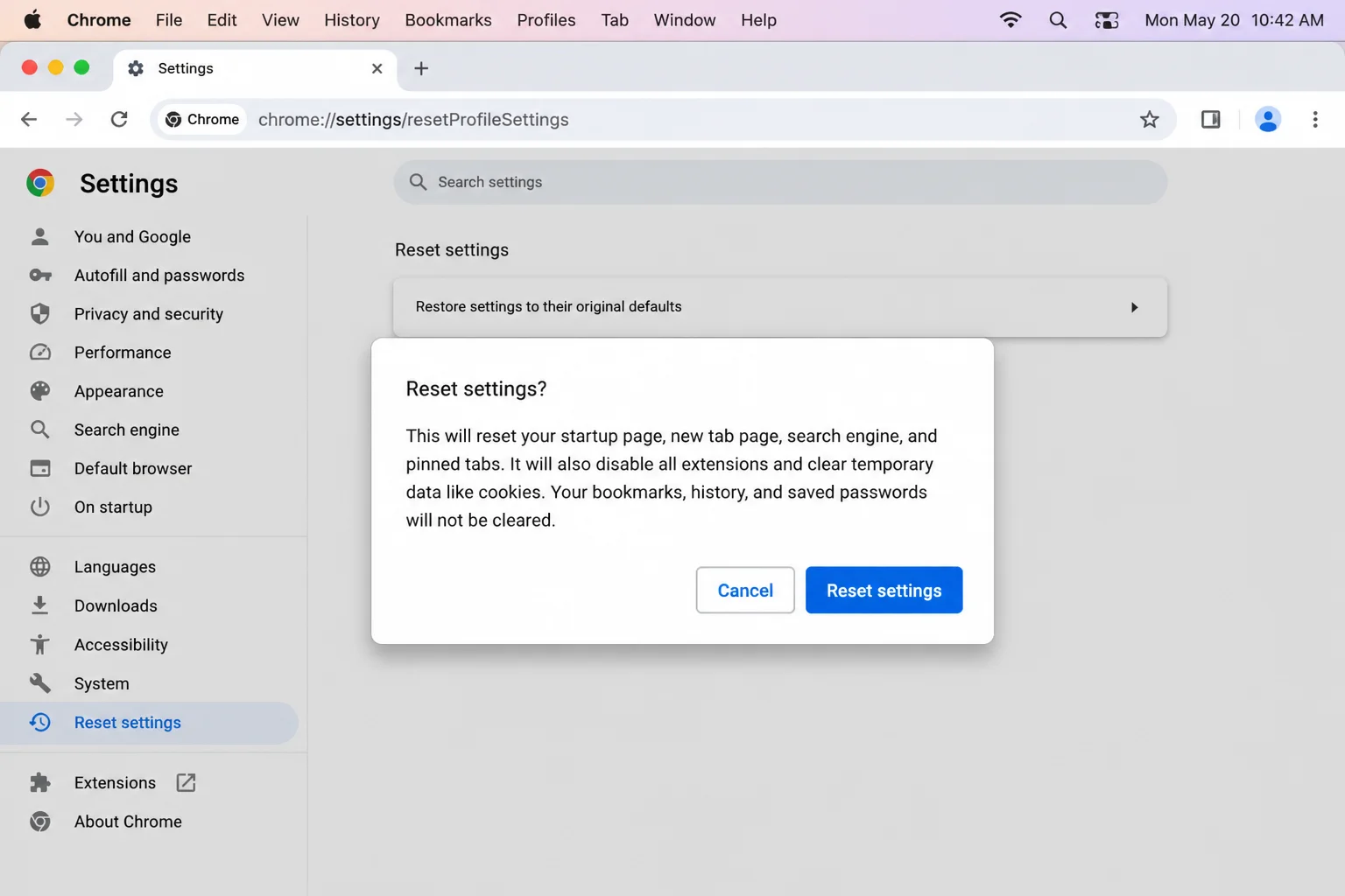 Chrome reset settings confirmation dialog at chrome://settings/reset asking the user to confirm restoring settings to original defaults