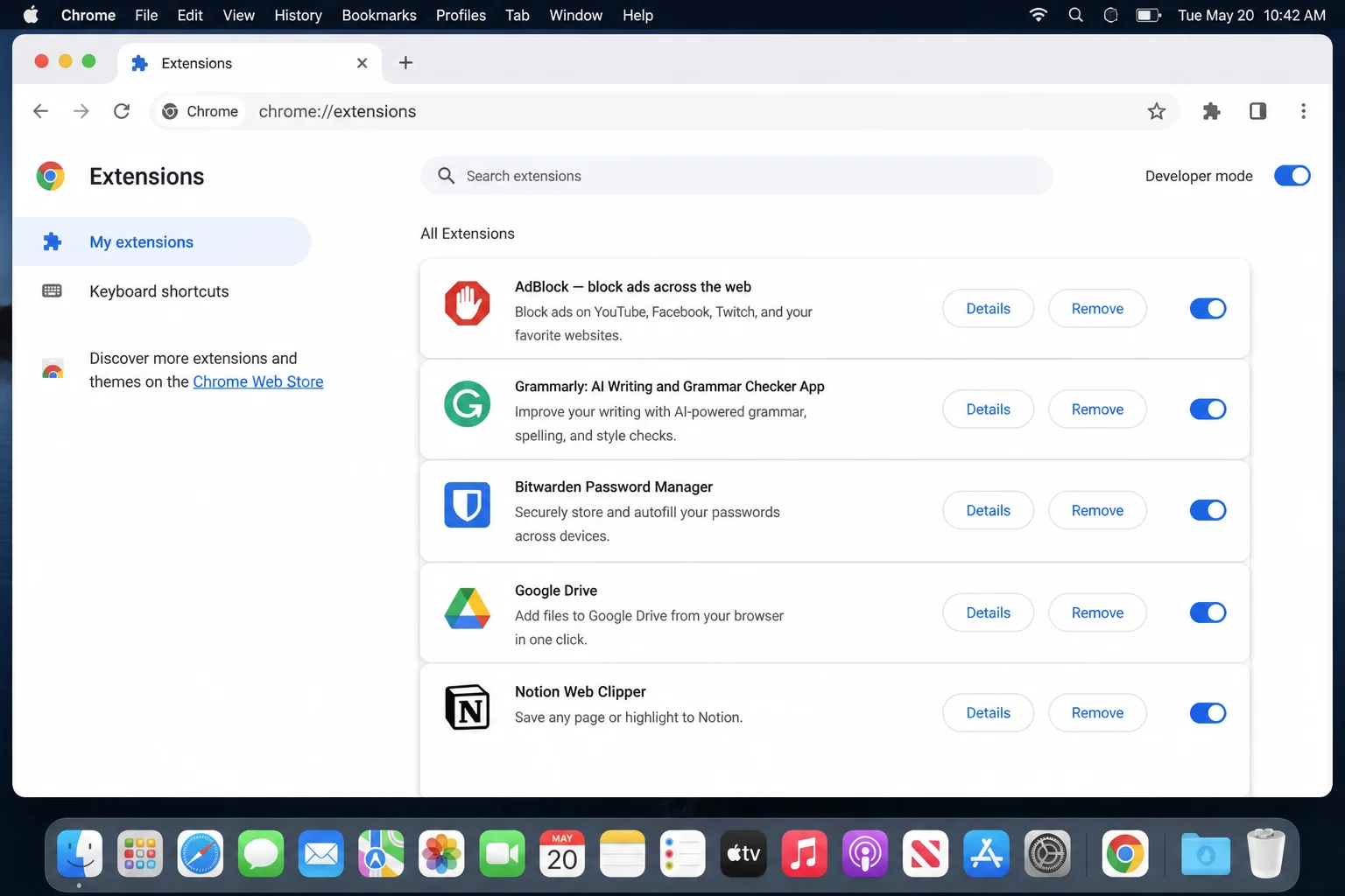 Chrome extensions management page at chrome://extensions showing a list of installed extensions with on/off toggle switches on the right