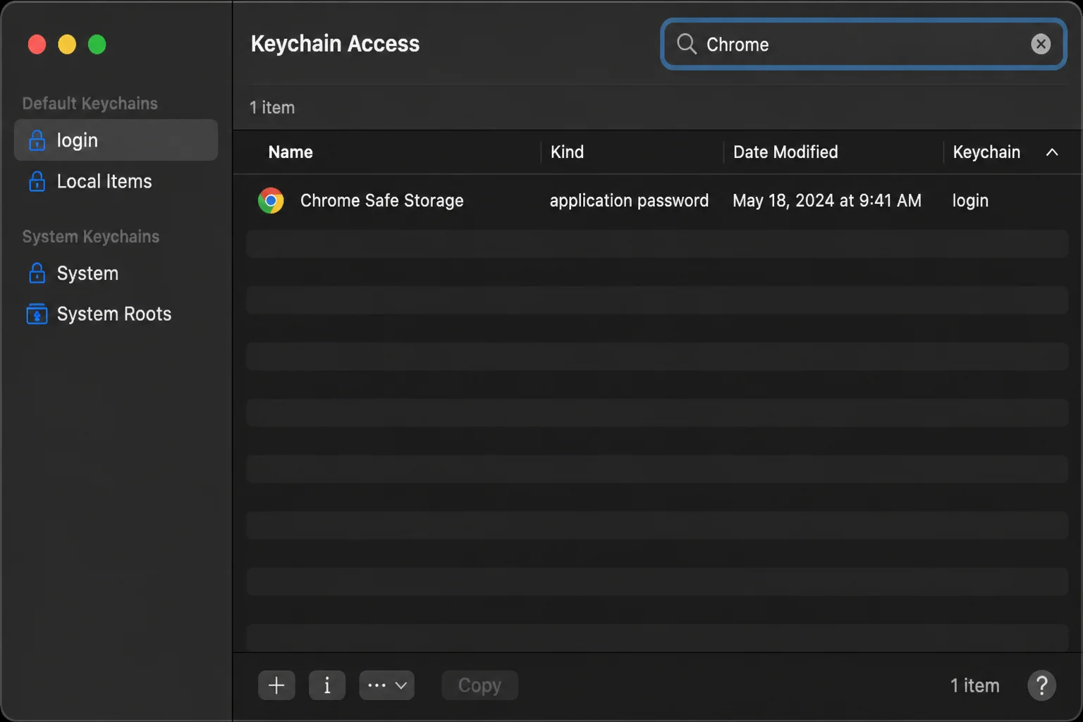 macOS Keychain Access app with the search field containing "Chrome" and search results showing the Chrome Safe Storage entry in the list