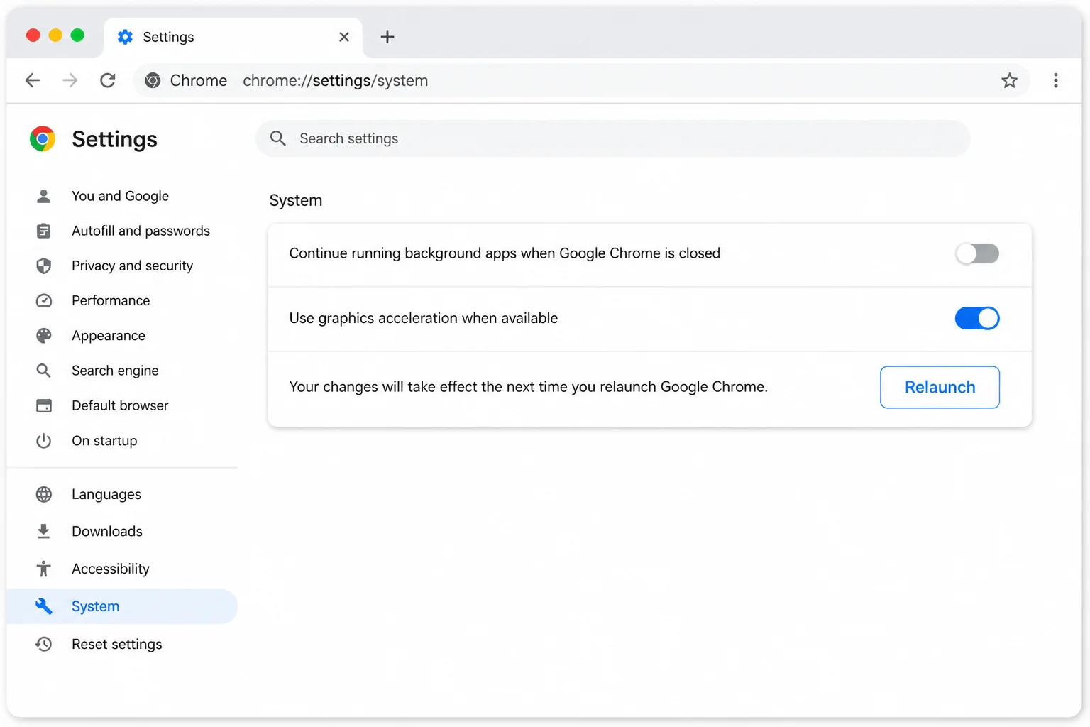 Chrome System settings page at chrome://settings/system showing the "Use graphics acceleration when available" toggle and the Relaunch button