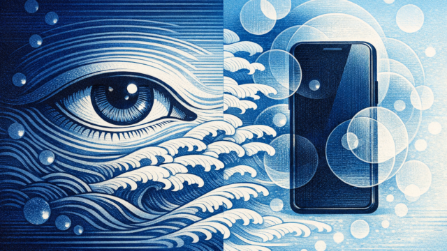 Blue split illustration: an eye formed by ocean waves on the left and a smartphone surrounded by bubbles on the right, in cool tones.]