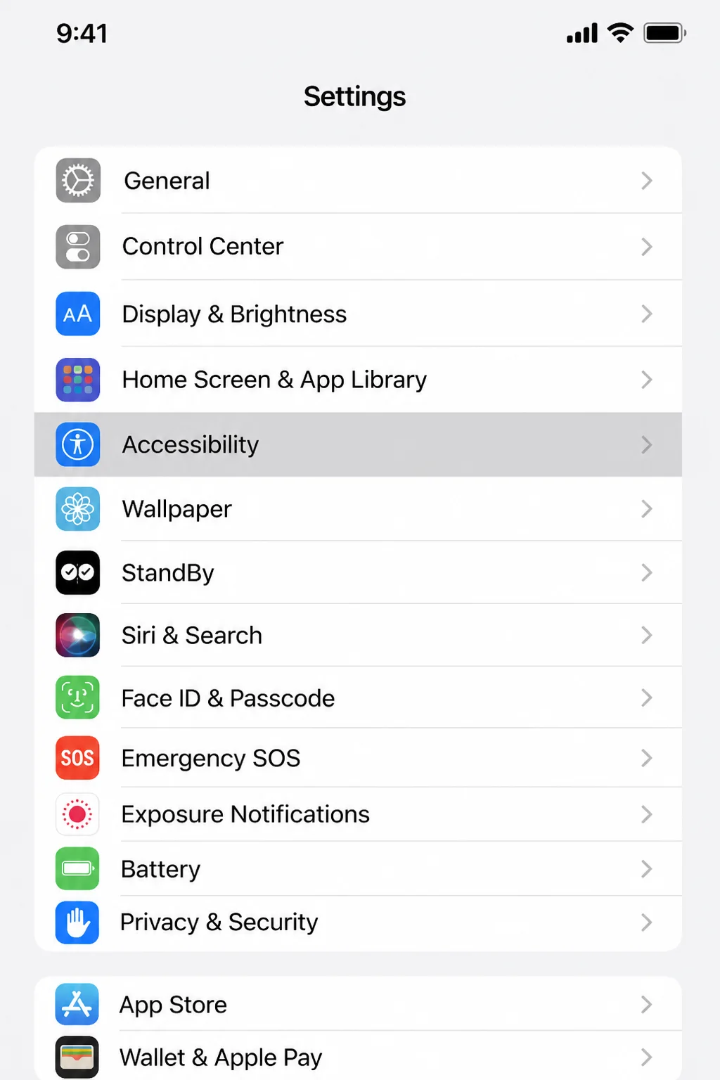 iOS Settings app open showing the Accessibility option highlighted in the list