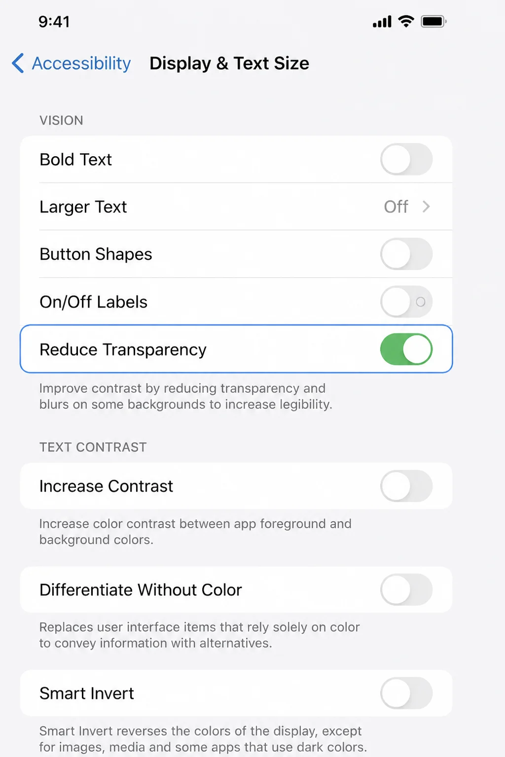 iOS Settings app > Accessibility > Display & Text Size with Reduce Transparency toggle highlighted and turned on