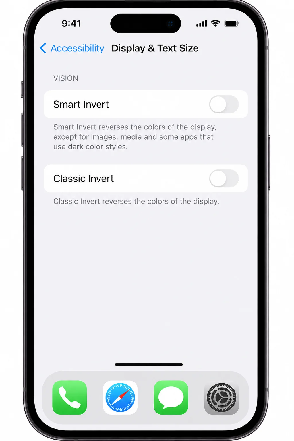 iOS Settings app > Accessibility > Display & Text Size > Invert Colors screen showing Smart Invert and Classic Invert options