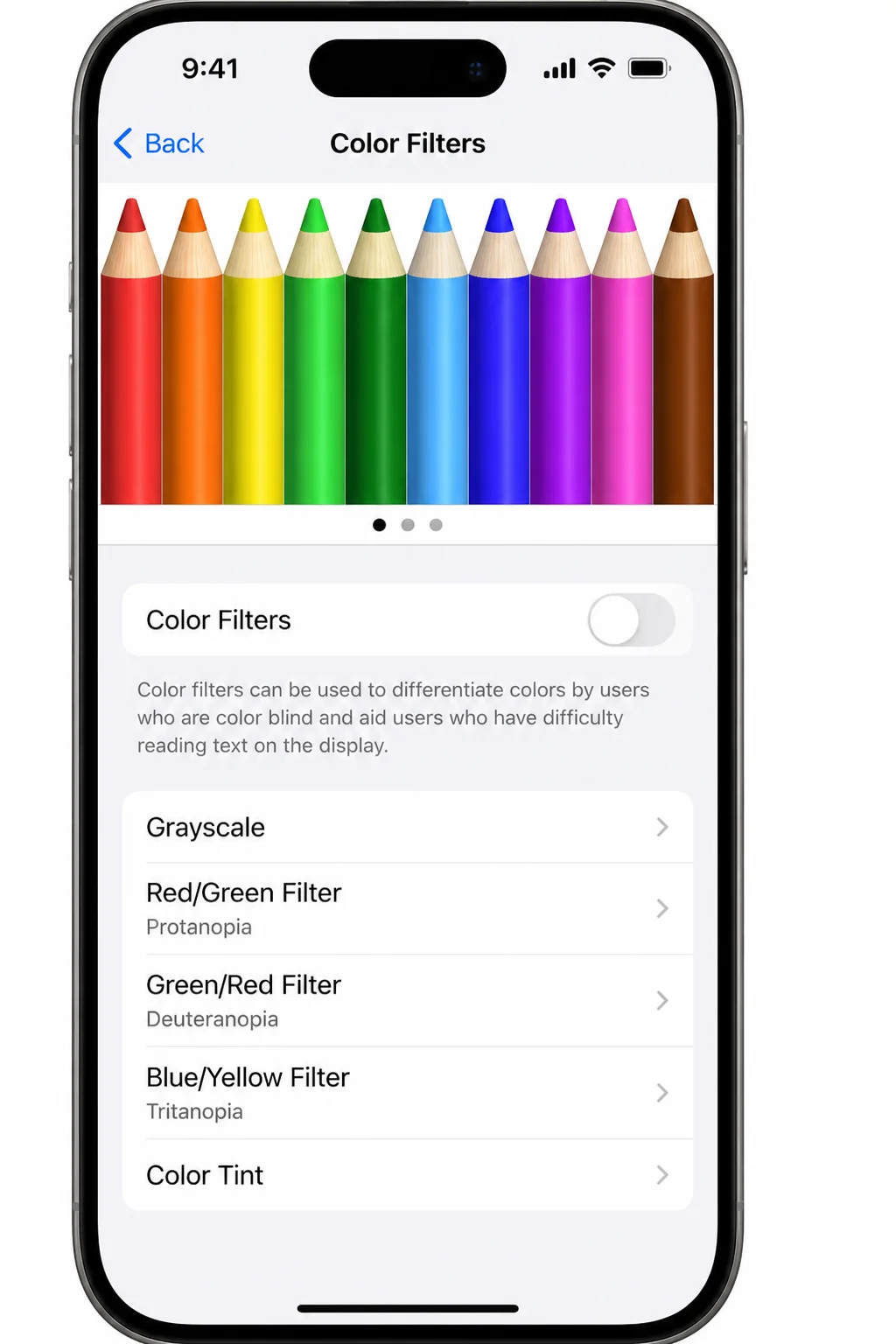 iOS Settings app > Accessibility > Display & Text Size > Color Filters screen showing the colored pencils preview image and the Color Filters toggle turned off